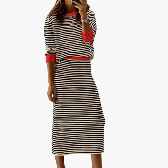 Pretty Garden striped knit skirt set Women's Large red black cream stretch - Picture 2 of 12